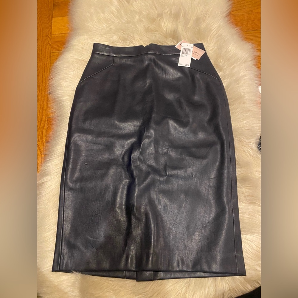 Navy blue pencil faux leather skirt